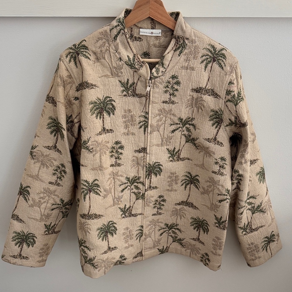 Vintage Palm Tree Jacket Tropical Print Zip Front Tan Green Preswick & Moore L - Picture 5 of 6